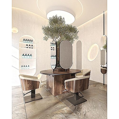 Kružni frizerski otok Ladure Island za četiri korisnika s inox podnožjem i MDF konstrukcijom