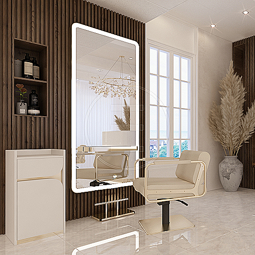 Softy Wall frizerski pult s velikim Flotal ogledalom i zlatnim rubovima