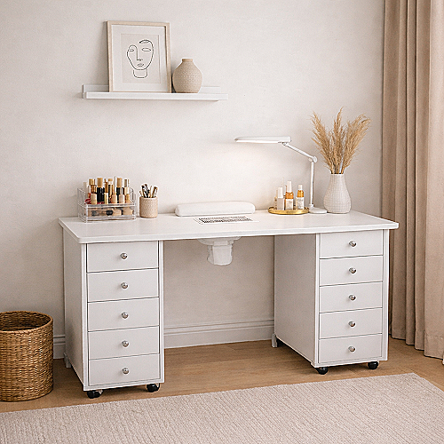 DISTAL stol za manikuru – dvostruka radna stanica s ugrađenim ventilatorom i ladicama